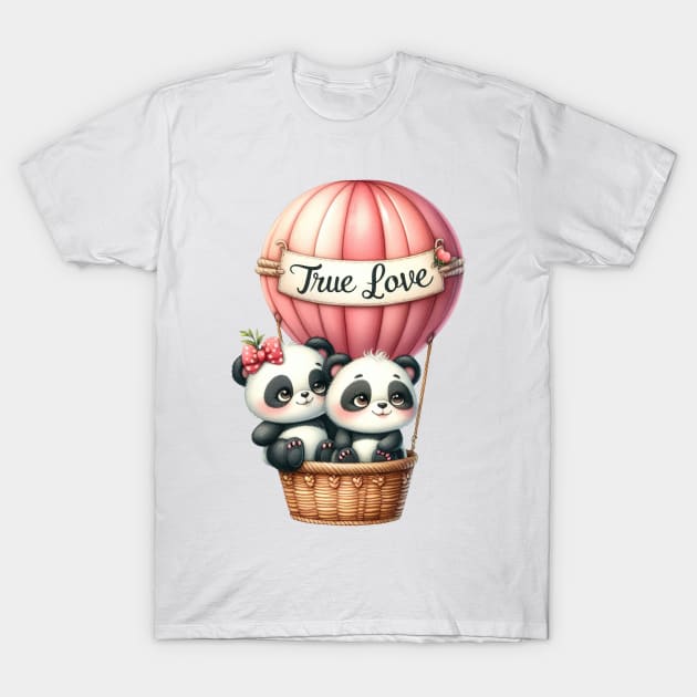 Valentine Panda Bear Couple On Hot Air Balloon T-Shirt by Chromatic Fusion Studio